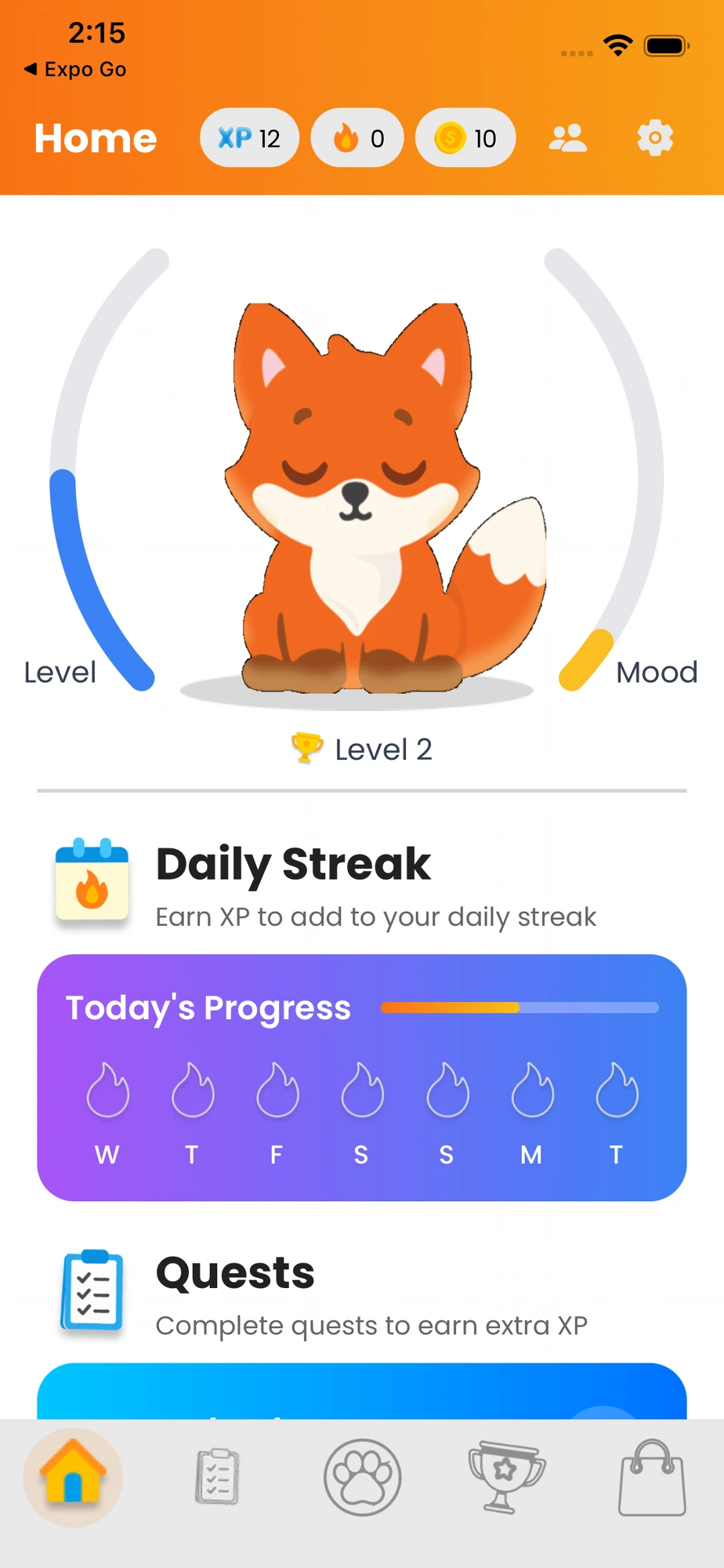 FiPet app home screen showing Level 2 orange fox pet, XP progress, daily streak tracker, and financial literacy quests